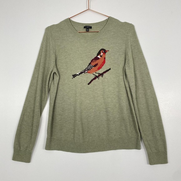 Talbots Sweaters - Talbots Sweater Womens XLP Petite Green Bird Graphic Crewneck Wool Knit Pullover